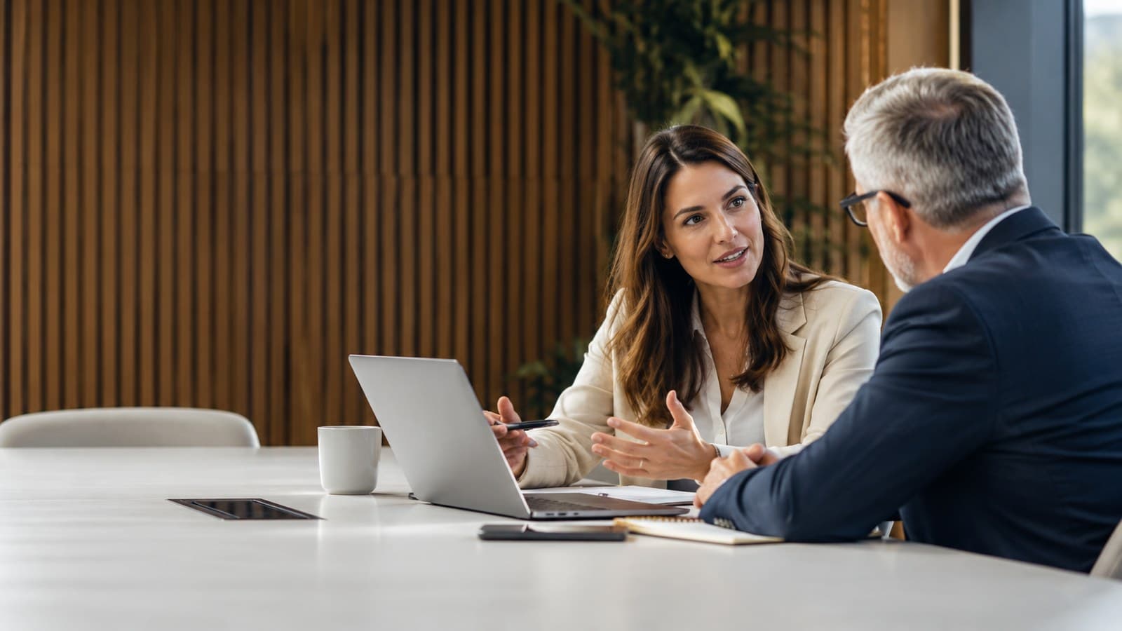 Two talent advisors in conversation over a laptop in a modern conference room